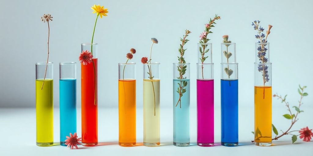 Bunte Reagenzgläser mit Blumen und Kräutern dekoriert.