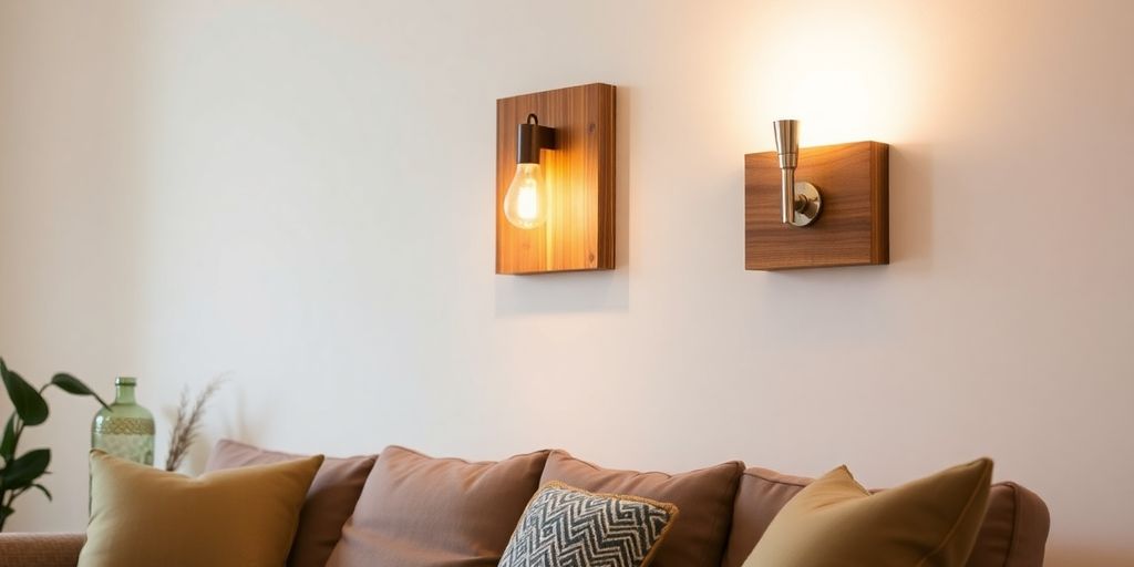 DIY-Wandlampe aus Holz in einem Wohnraum.