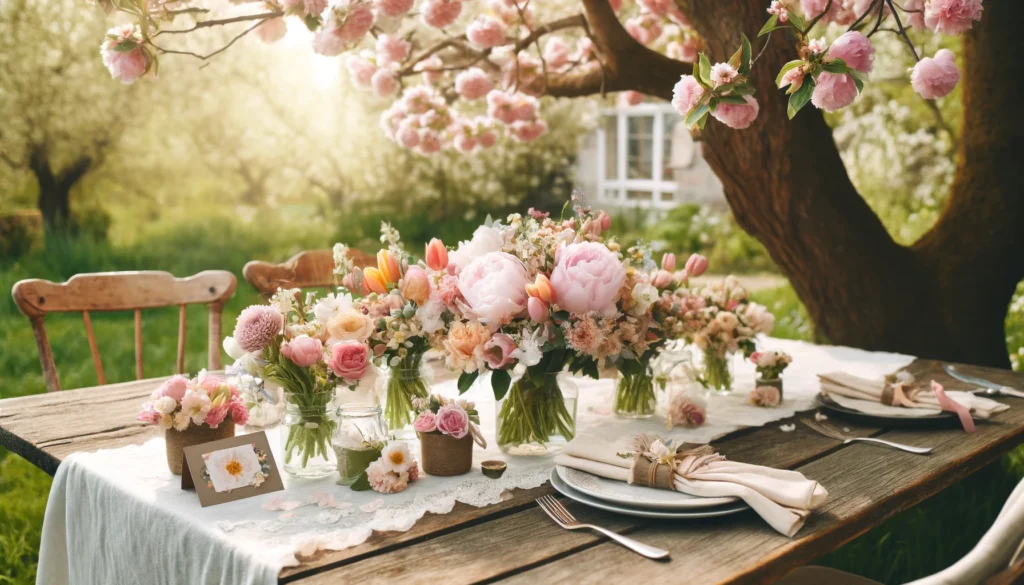 DALL·E 2025-01-18 13.37.51 - A beautifully decorated outdoor table set under a blooming tree, adorned with pastel-colored flower arrangements including peonies, tulips, and daisie
