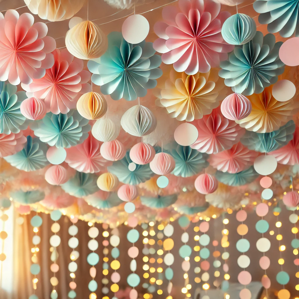 DALL·E 2025-01-20 16.50.11 - Beautiful pastel-colored paper garlands hanging elegantly as background decor for a festive celebration. The garlands are made of delicate circular an „DIY-Papiergirlande mit Herzen in Pastellfarben“