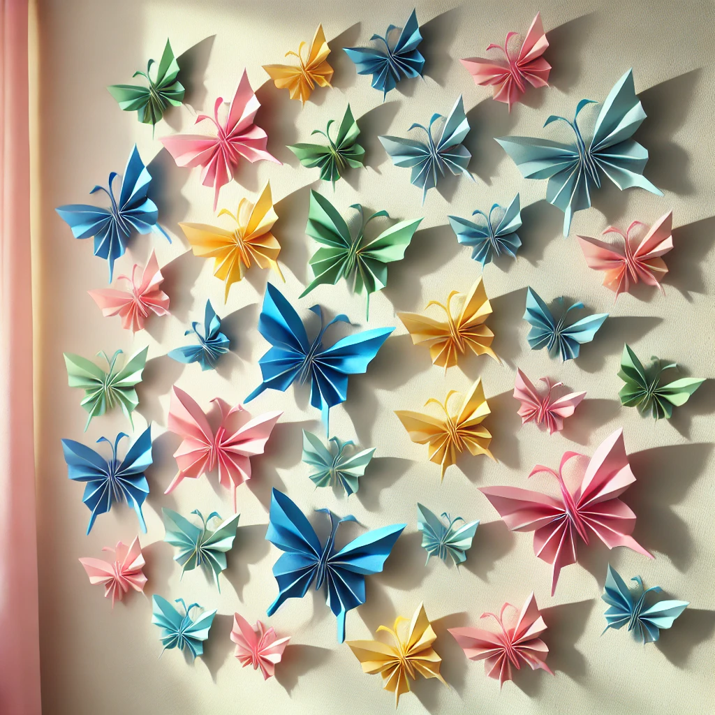 „Bunte Origami-Schmetterlinge an einer Wand als kreative Dekoration“