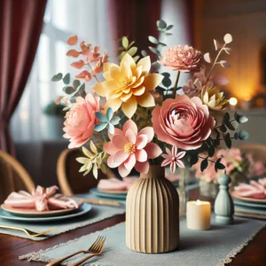 „Selbstgemachte Origami-Blumen in einer Vase als Tischdeko“