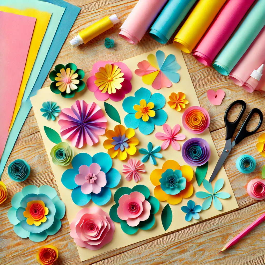 "Papierblumen mit Knopfverzierung als Tischdeko"