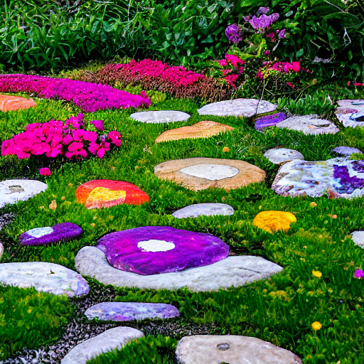Bunte bemalte Steine in einem Blumenbeet
