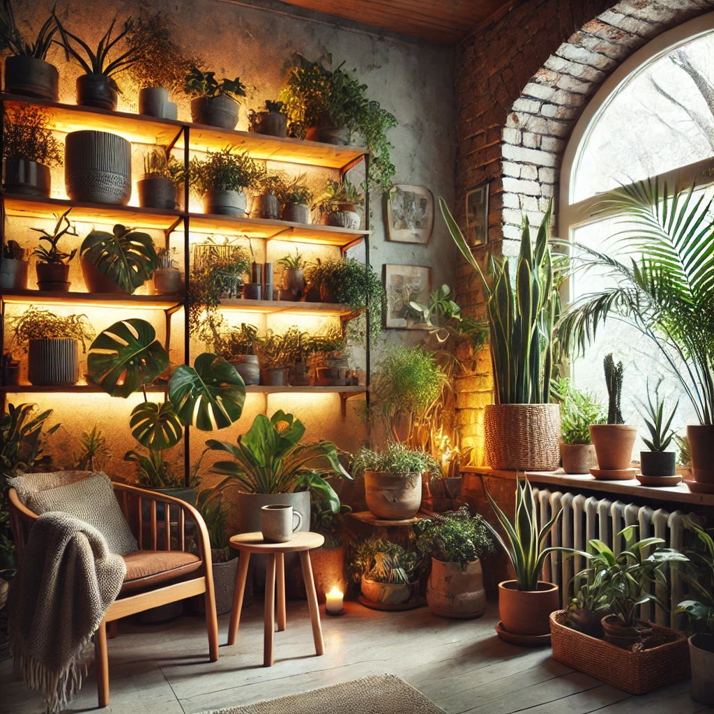 Gemütlicher Indoor-Wintergarten mit grünen Pflanzen in stilvollen Töpfen, Holzregalen voller Pflanzen, warmem Umgebungslicht und einem großen Fenster mit natürlichem Lichteinfall. Ein bequemer Sessel mit Decke und ein kleiner Kaffeetisch runden die entspannte Atmosphäre ab