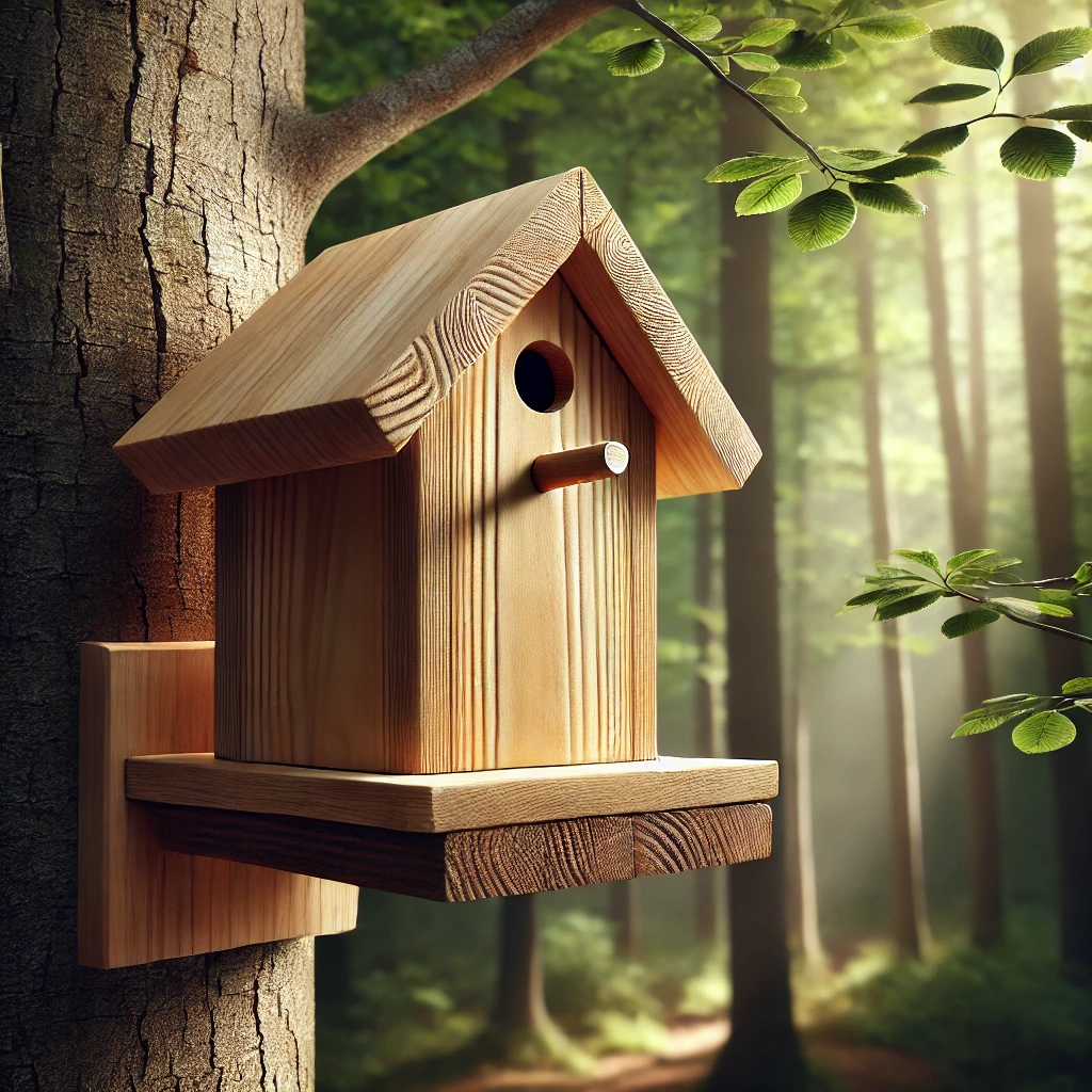 : ein naturbelassenes Holz-Vogelhaus an einem Baum, eine Detailaufnahme eines Einfluglochs mit Metallverstärkung und ein bunt bemaltes Vogelhaus in einem grünen Garten.“